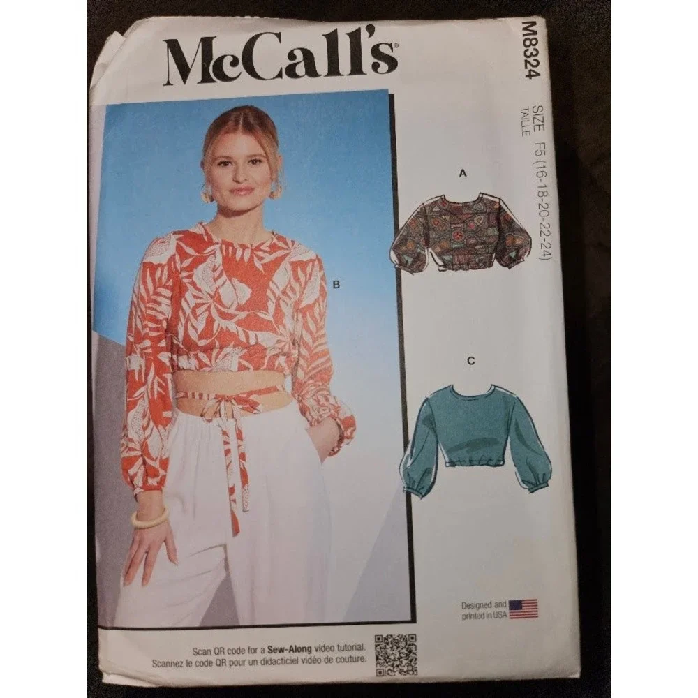 McCalls M8324 Misses Tops Sewing Pattern Lace Up Back Puff Sleeve 16-24 UNCUT